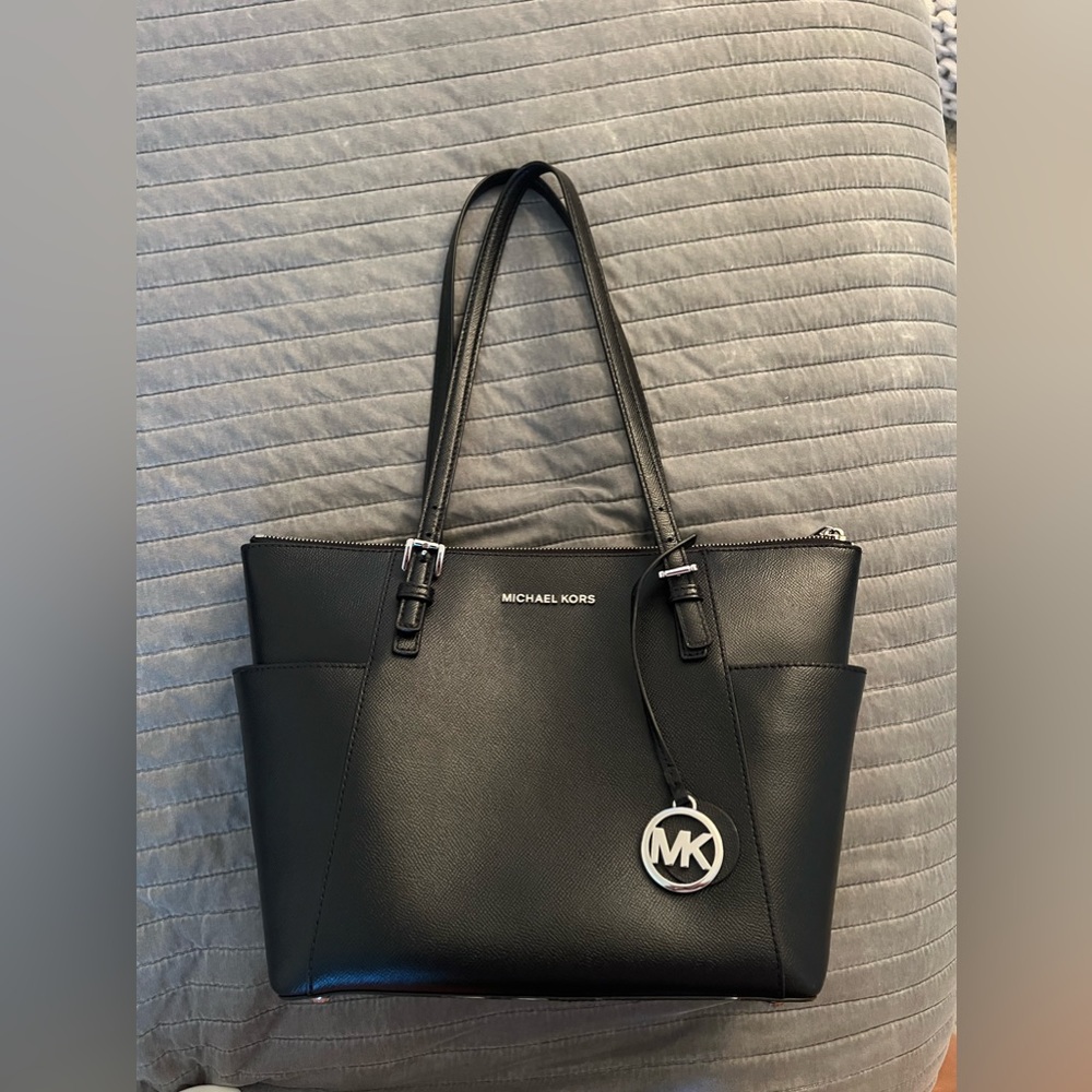Michael Kors Jet Set East West Top Zip Tote Black and Silver